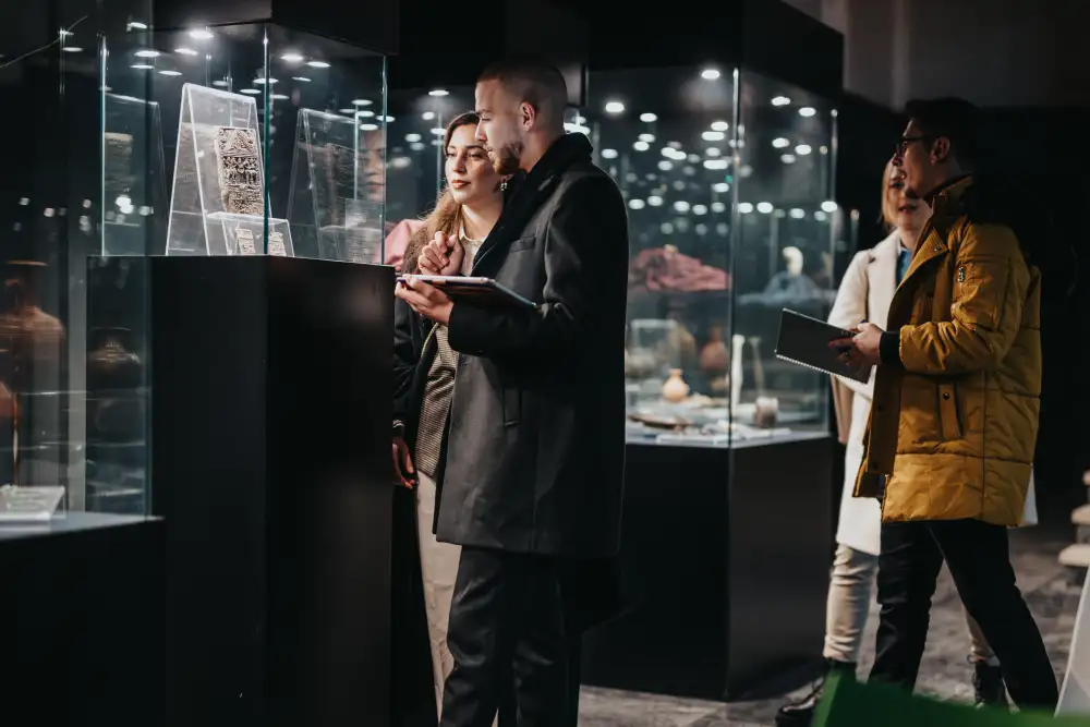 Eine Besucherin betrachtet ein leuchtendes Exponat in einer Themenwelt, deren Atmosphäre durch ein passgenaues Duftkonzept emotional unterstrichen wird.