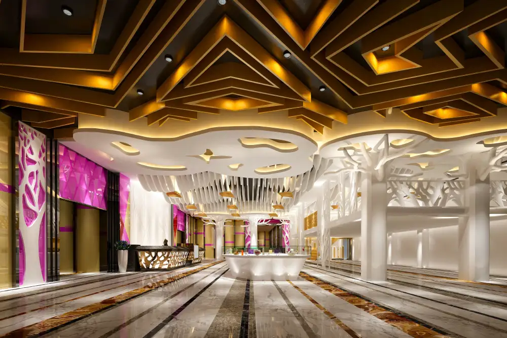 Ein moderner Empfangsbereich in einem Museum, in dem ein dezenter Signature-Duft die Besucher beim Eintreten willkommen heißt und entschleunigt.